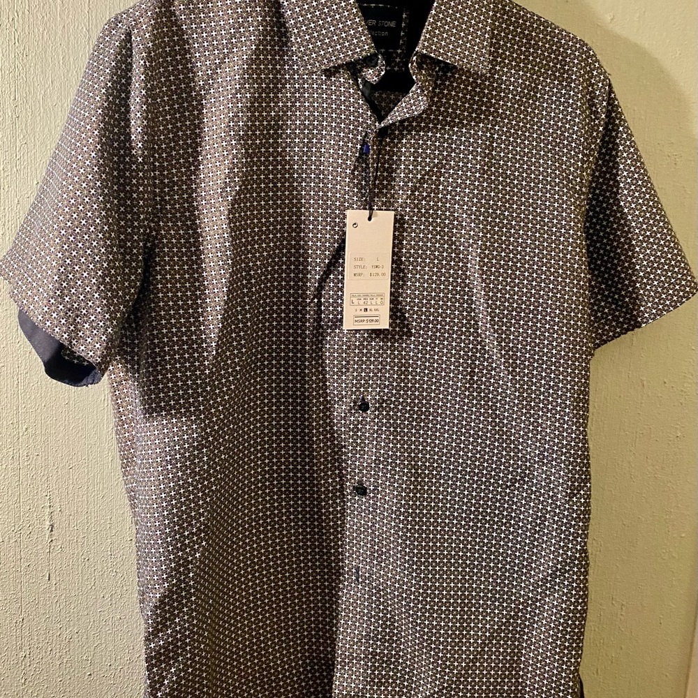 Silver Stone Collection short sleeve- medium. Button down. Navy and off white.